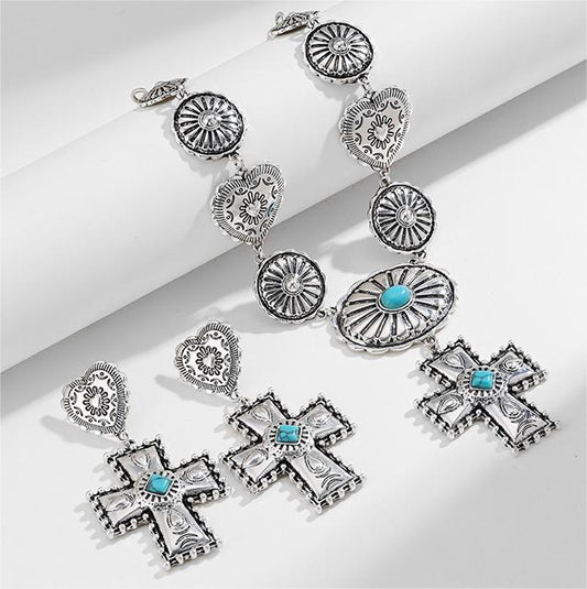 Bohemian Turquoise Love Heart Cross Necklace, Earrings Women Girls Fashion Jewelry Gift