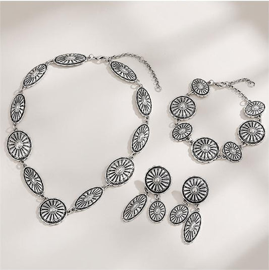 Women's Jewelry Boho Necklace, Bracelet, Silver Round Earrings