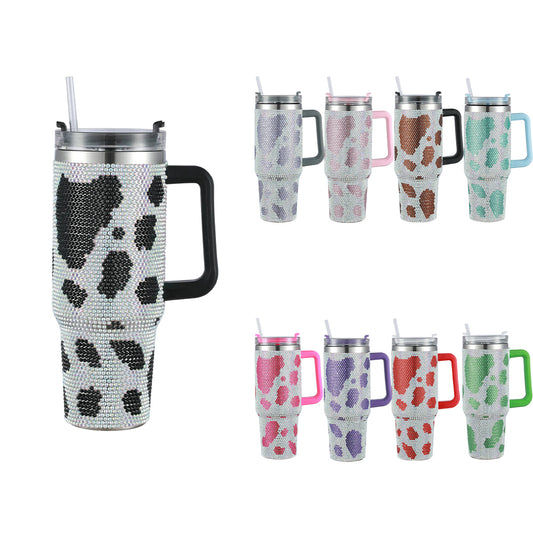 40oz Cow print Diamond Tumbler with Lid and Straw