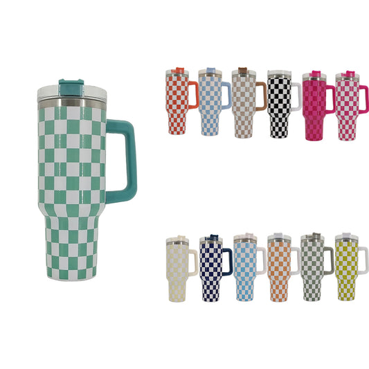 40oz Multi-color Checkered Tumbler with Lid and Straw